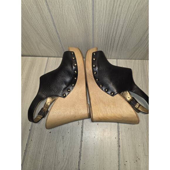 Sam Edelman CAMILLA Black Leather Sandals Wood Wedge Sling Heel Platform Read 9 - Picture 7 of 9